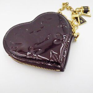 Louis Vuitton Monogram Vernis Heart Coin Purse Wristlet w Gold Chain & LV Lock